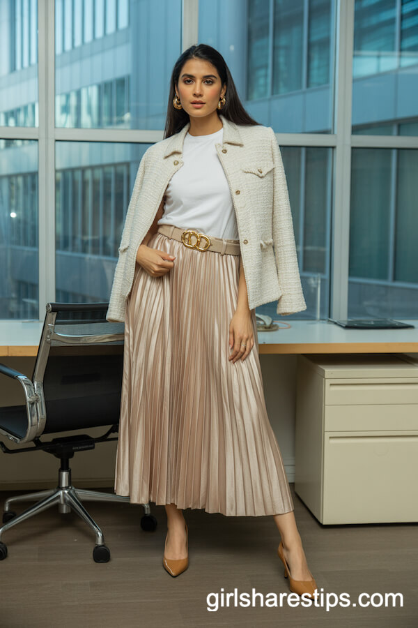 Champagne Satin Pleated Skirt with Tweed Jacket