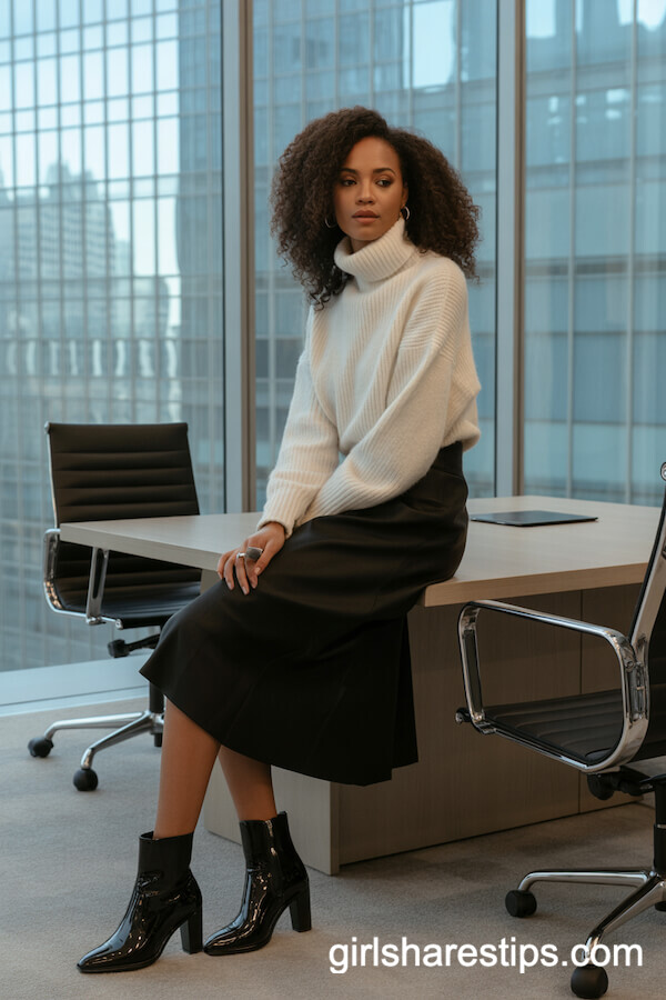 Black Midi Skirt with Cashmere Turtleneck