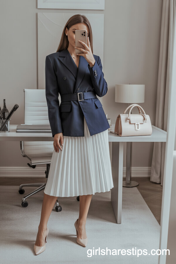 White Pleated Skirt with Navy Blazer