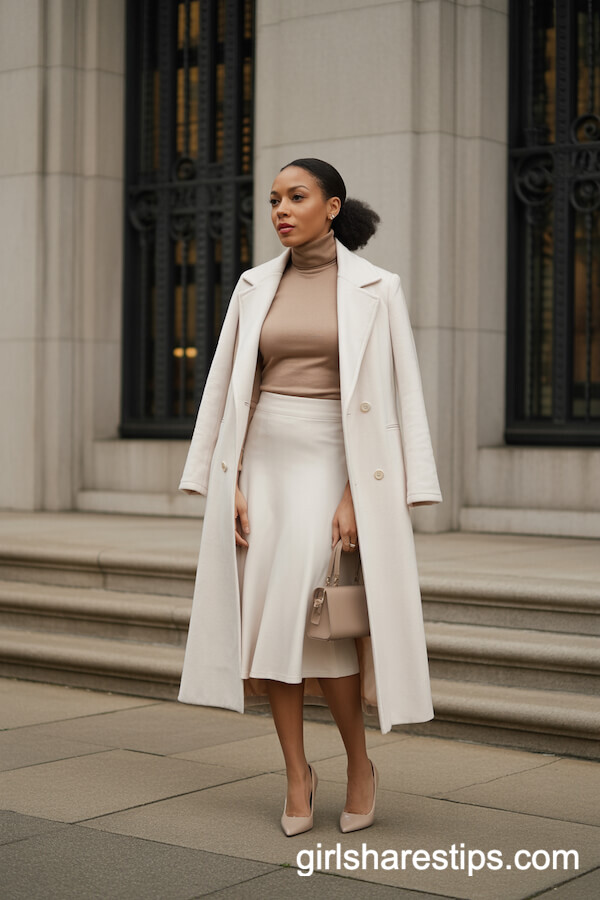 Winter-White Wool Midi Skirt with Coat