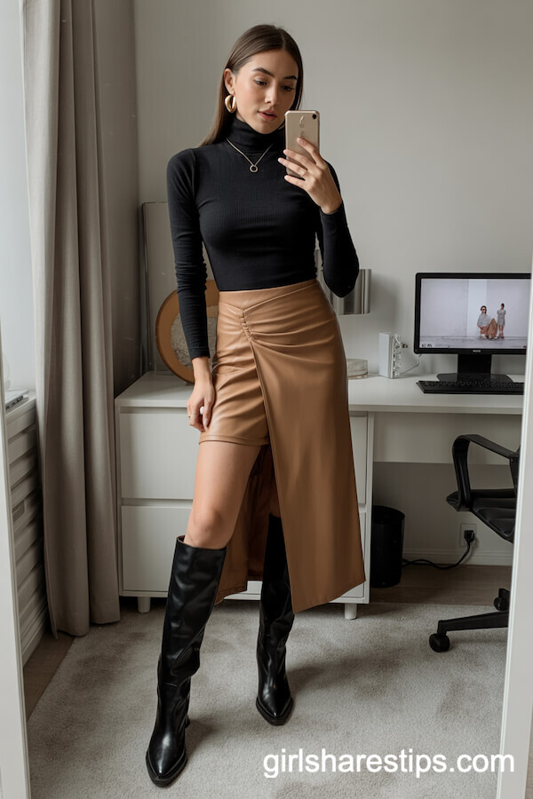 Camel Wrap Skirt with Black Turtleneck