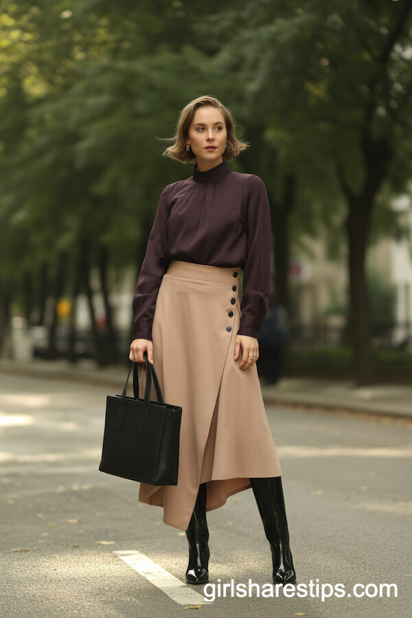 Asymmetrical Beige Midi Skirt with Burgundy Blouse