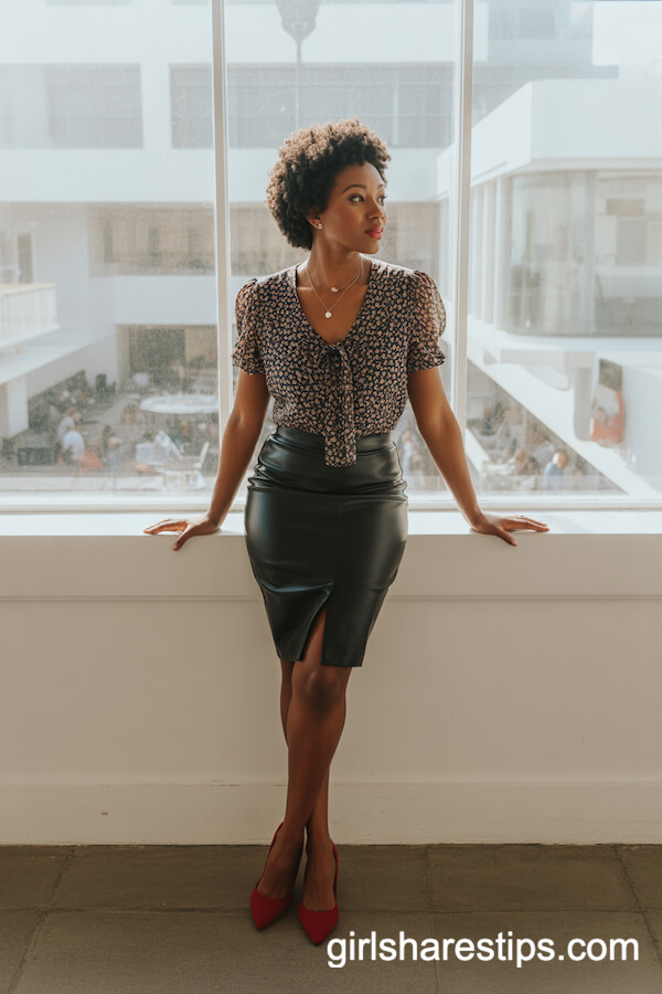 Charcoal Pencil Skirt with Floral Blouse