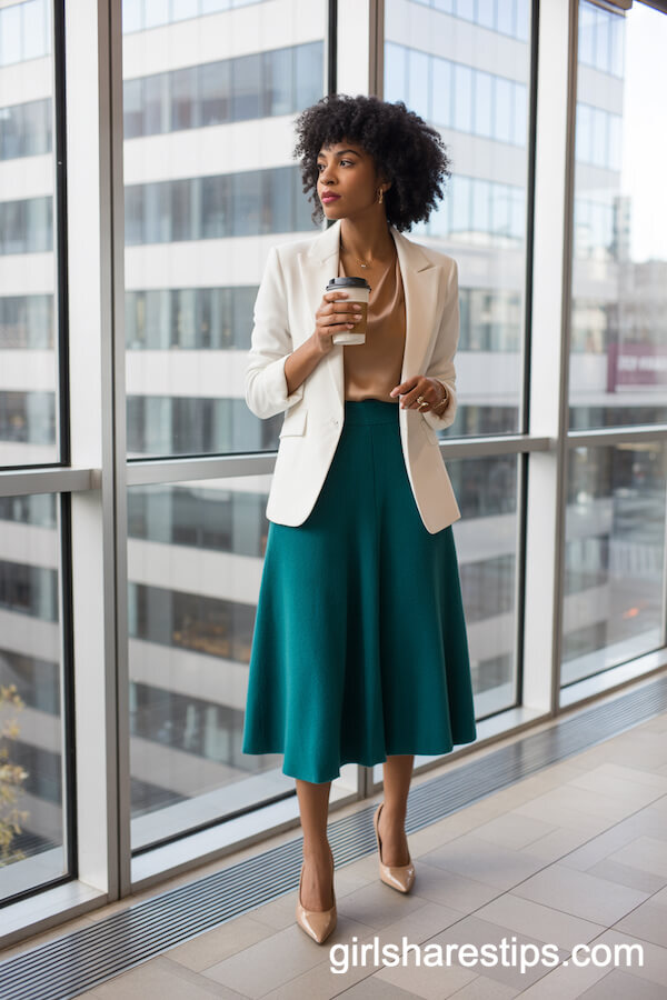 Teal Wool Midi Skirt with White Blazer