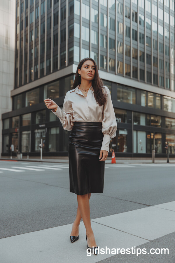 Black Leather Midi Skirt with Ivory Blouse