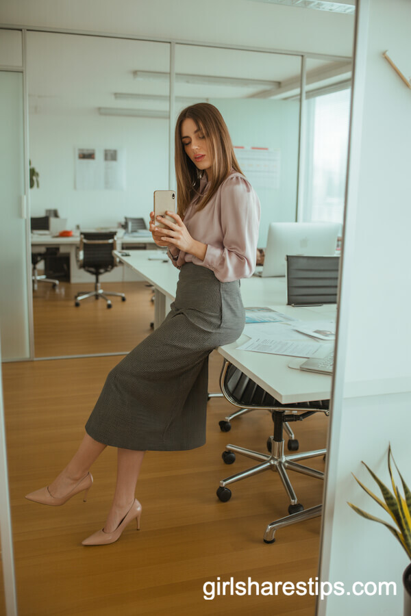 Grey High-Waisted Skirt with Pink Blouse