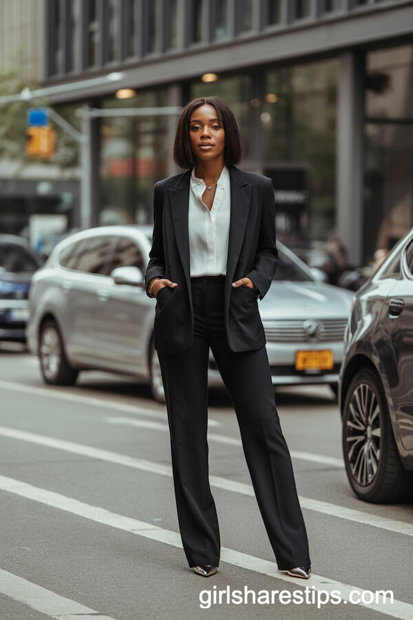 Tailored Black Pantsuit with Crisp White Blouse