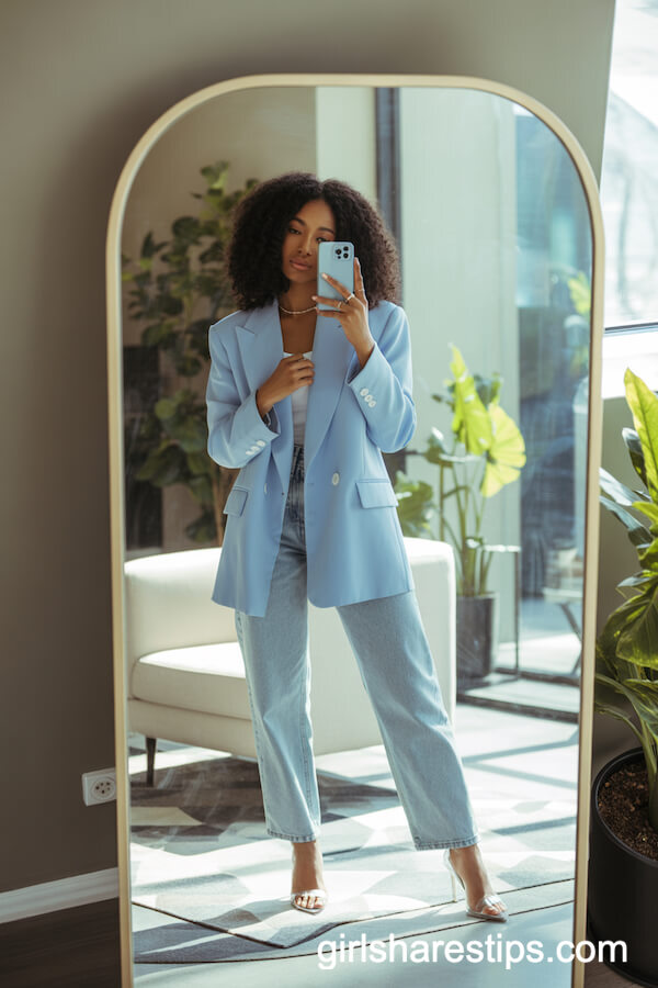 Pale Blue Blazer with Designer Jeans