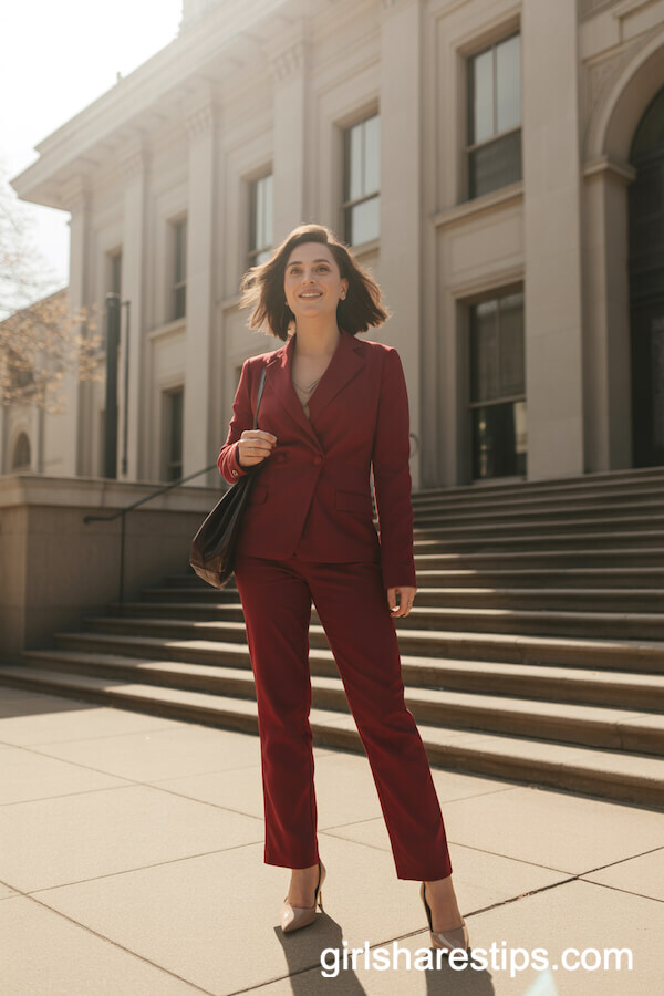 Tailored Red Pantsuit with Nude Pointed Heels
