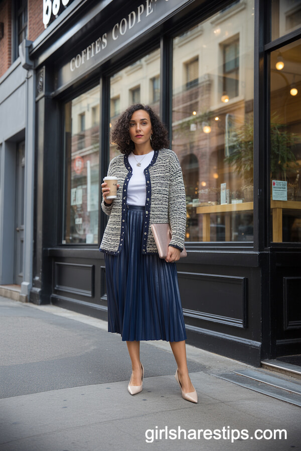 Textured Statement Cardigan with Navy Pleated Midi Skirt
