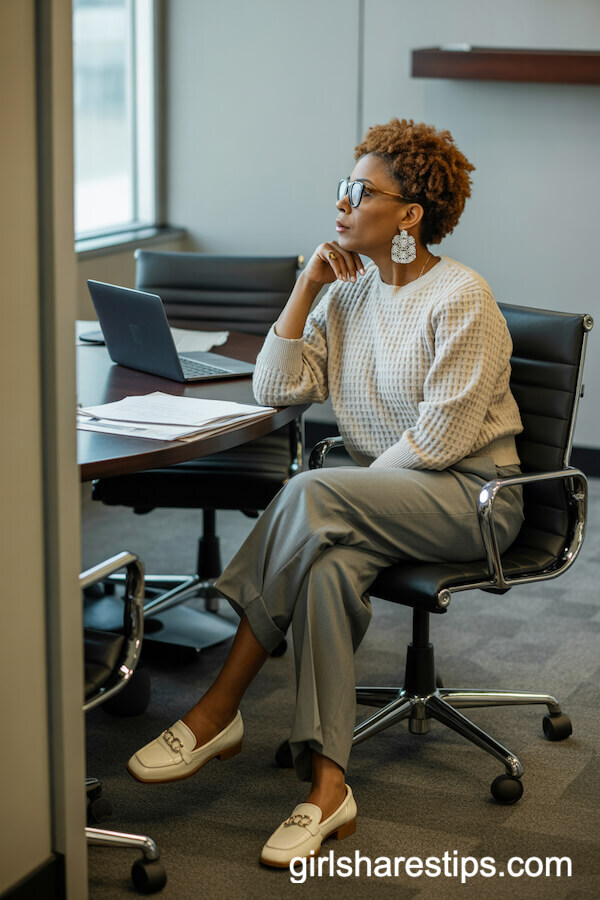 Textured Cream Sweater with Gray Tailored Trousers
