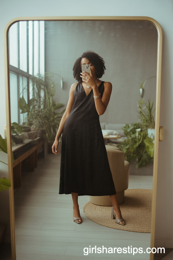 Chic Minimalist Black Midi Dress with Neutral Heels
