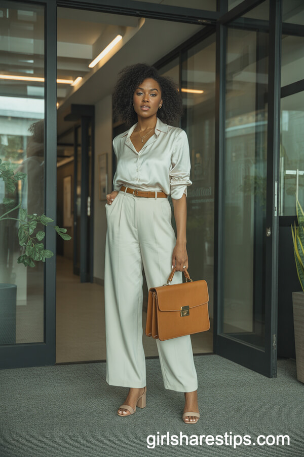 Ivory Blouse with Matching Wide-Leg Trousers