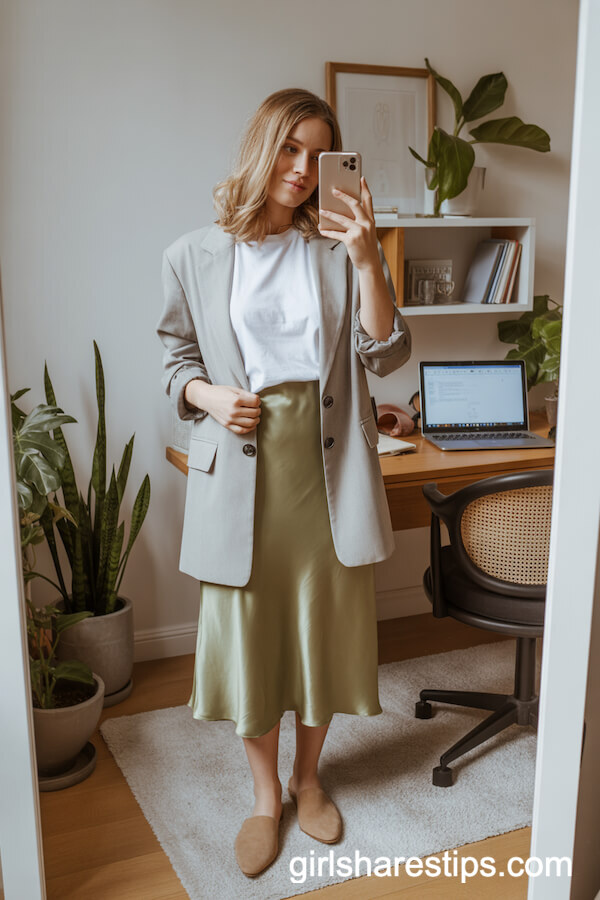 Light Gray Blazer with Silky Olive Green Midi Slip Skirt