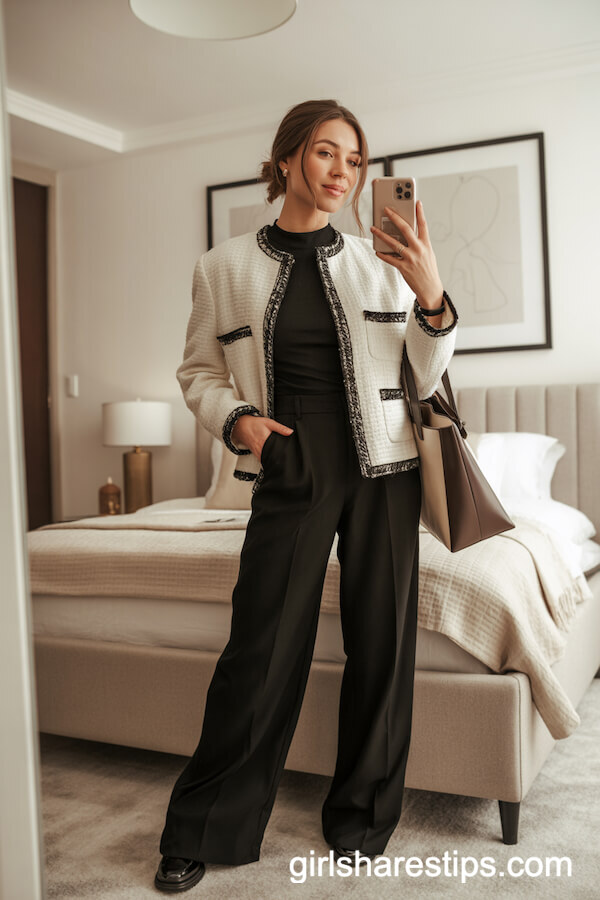 Cream Textured Tweed Jacket with Wide-Leg Black Trousers