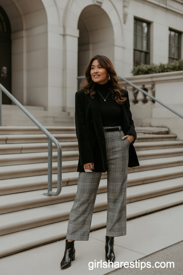 Gray Plaid High-Waisted Trousers with Slim Black Turtleneck