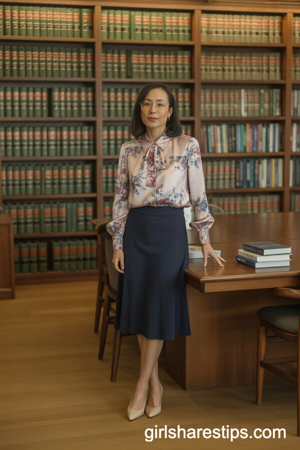 Floral Silk Blouse with Navy High-Waisted Midi Skirt