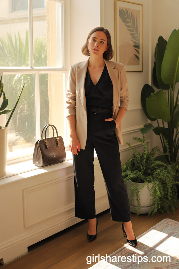 Black Jumpsuit Topped with Beige Blazer