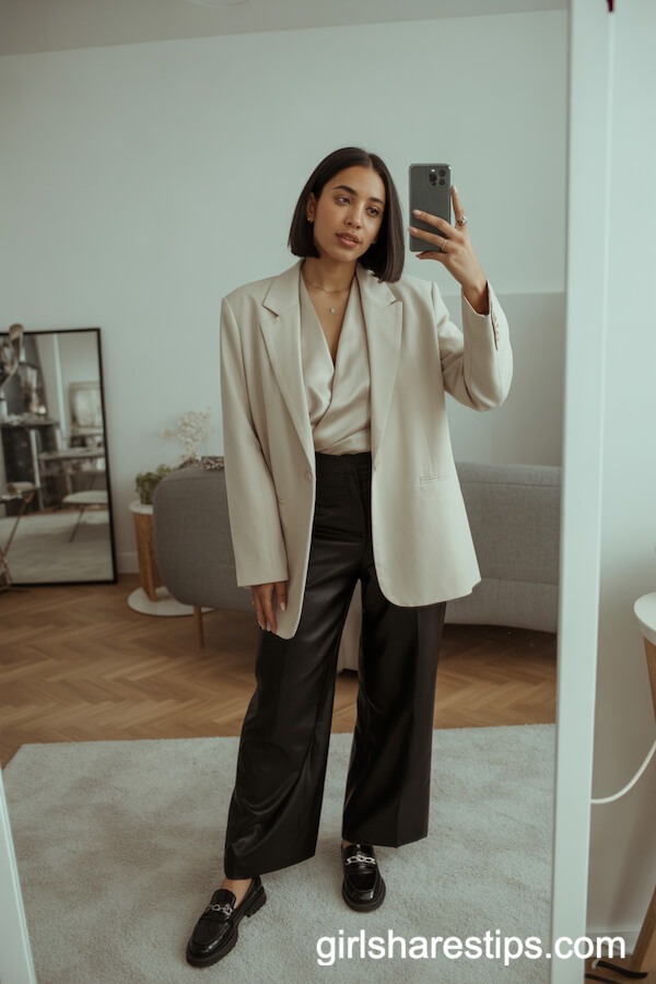 Cream Blazer with Black Wide-Leg Pants
