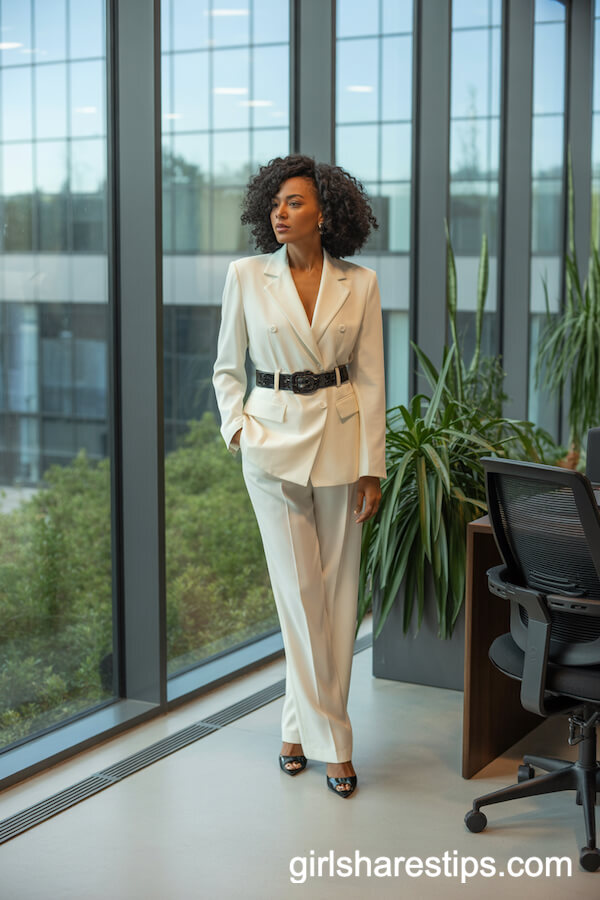 All-White Power Suit with Bold Black Belt