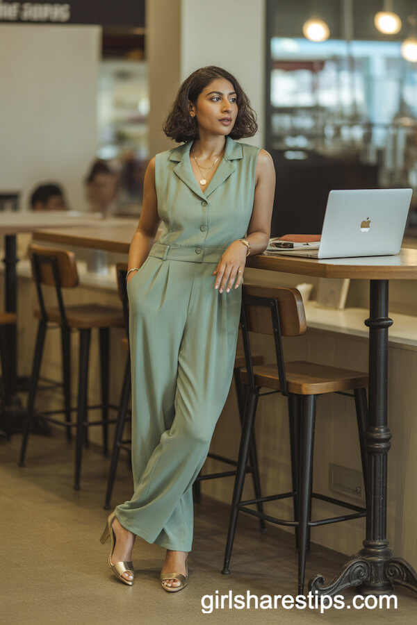 Sage Green Tailored Jumpsuit with Classic Heels