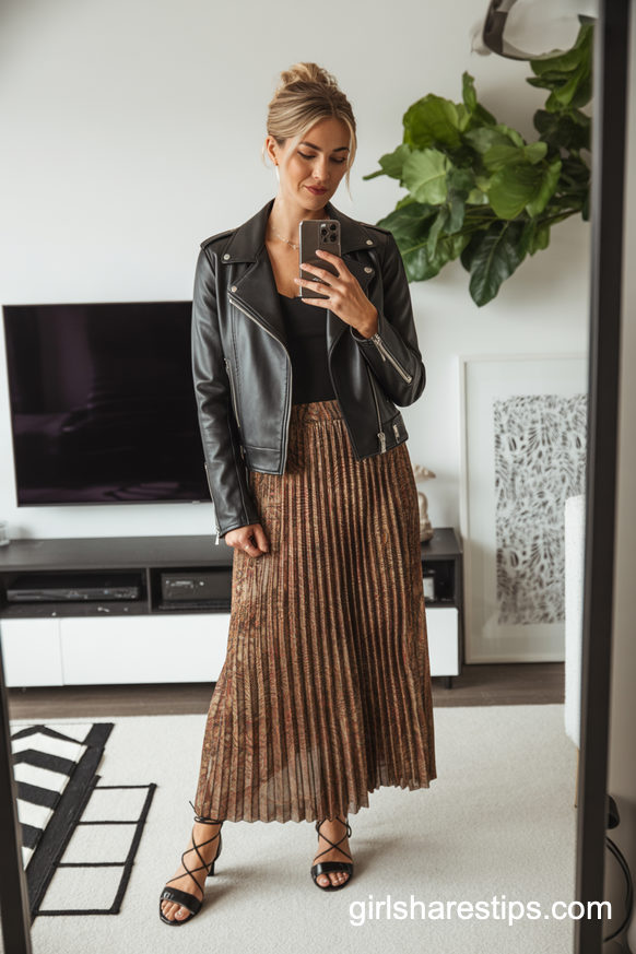Black Leather Jacket With Paisley Maxi Skirt