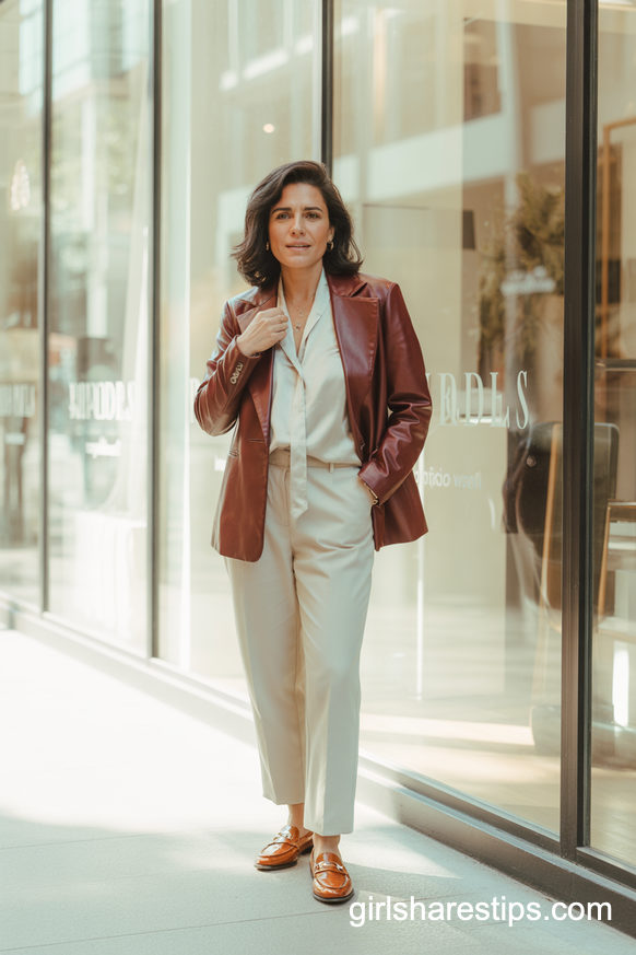 Burgundy Leather Blazer With Cream Trousers