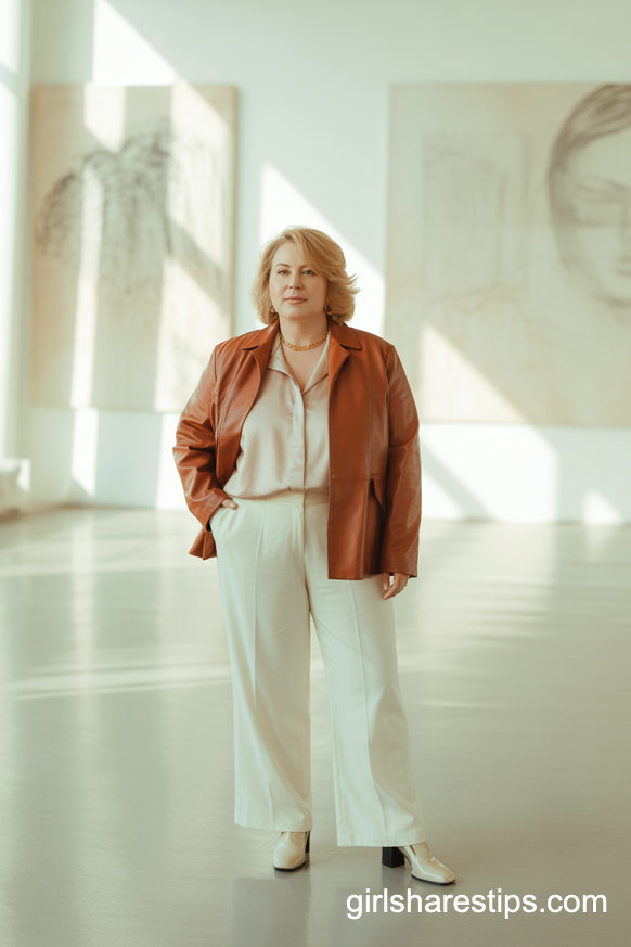 Brown Leather Jacket Over All-White Outfit