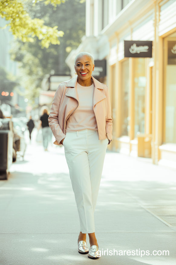 Pastel Pink Leather Jacket With White Pants And Metallic Loafers