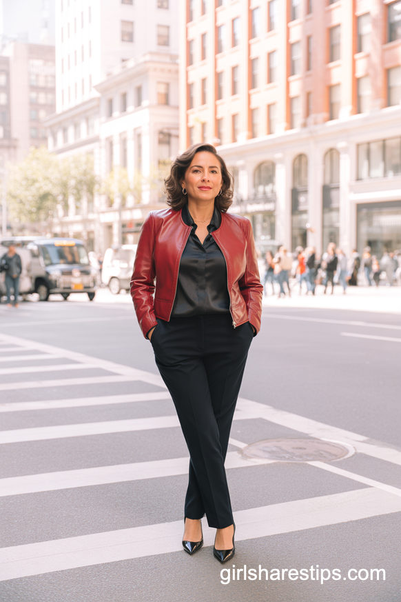 Red Leather Jacket With Black Silk Blouse And Trousers