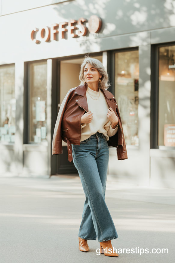 Brown Leather Biker Jacket With Cream Sweater And Wide-Leg Jeans