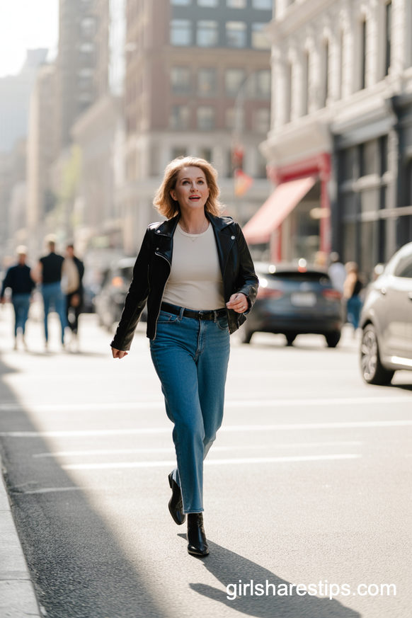 Classic Black Leather Jacket With White Tee And Blue Jeans