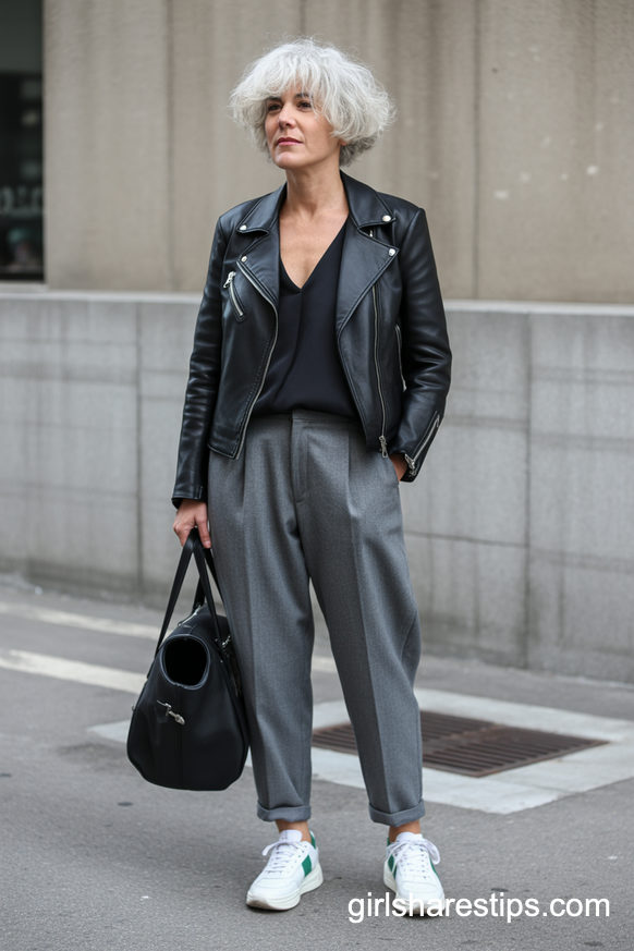 Leather Moto Jacket With Gray Trousers And Sneakers
