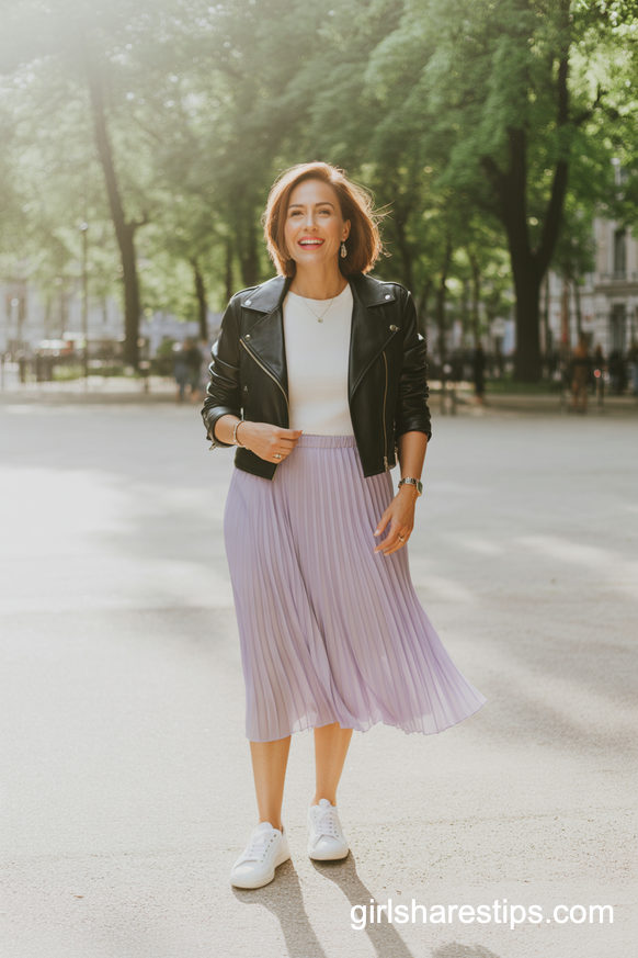 Cropped Leather Jacket With Pastel Pleated Skirt