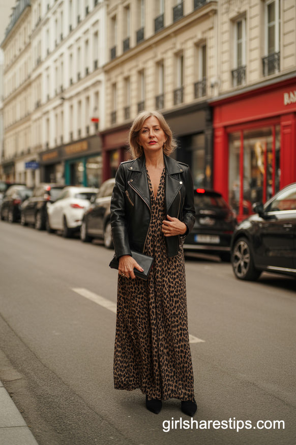 Leopard Maxi Dress With Classic Black Leather Jacket