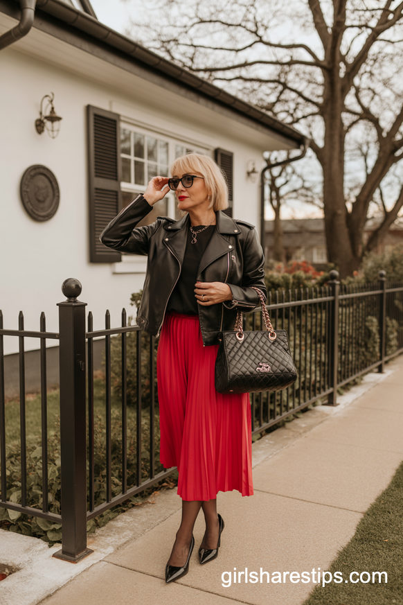 Red Pleated Skirt And Black Leather Jacket Combo