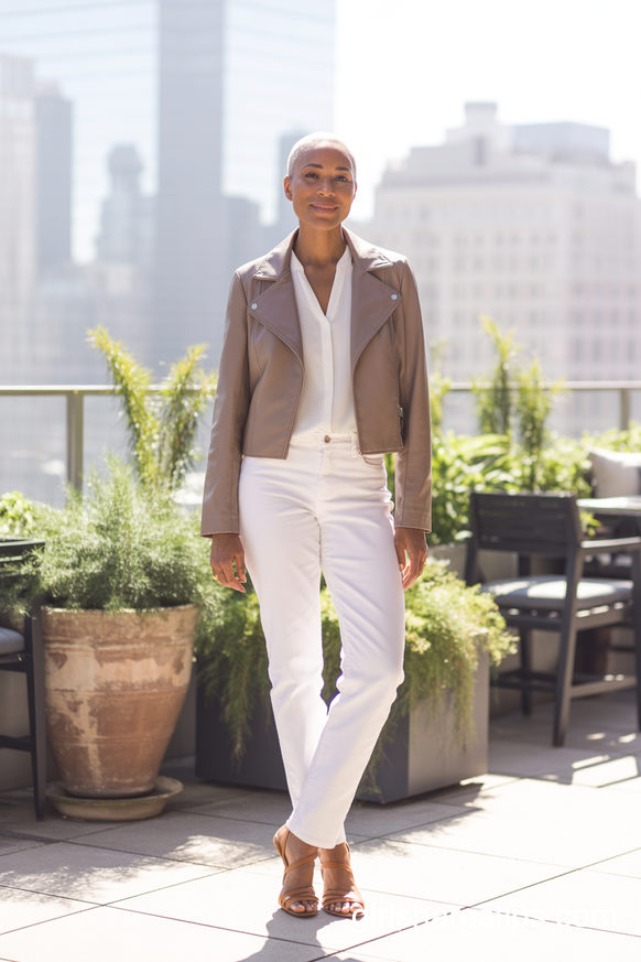Taupe Cropped Leather Jacket With White Denim