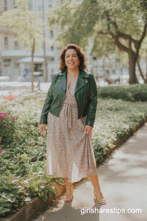 Green Leather Jacket Over Floral Wrap Dress