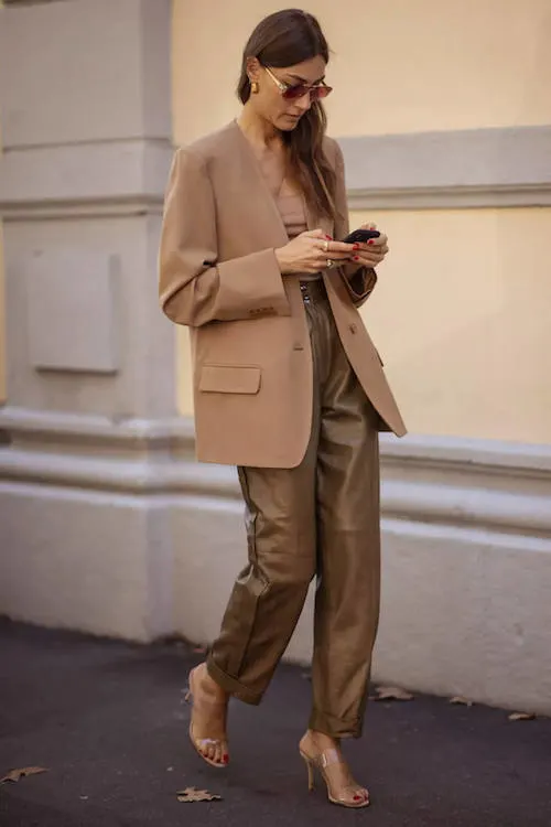 Petite Camel Boyfriend Blazer + Leather Pants