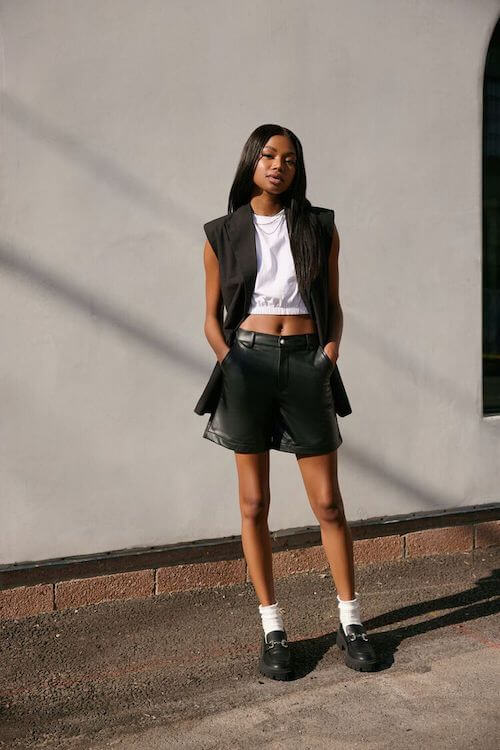 leather shorts outfit