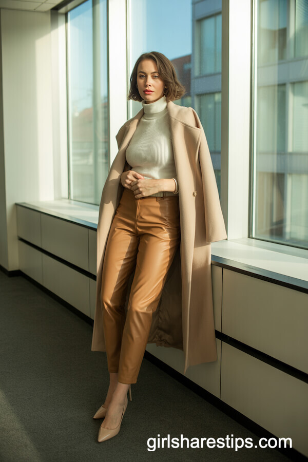 Camel Leggings with Turtleneck and Wrap Coat