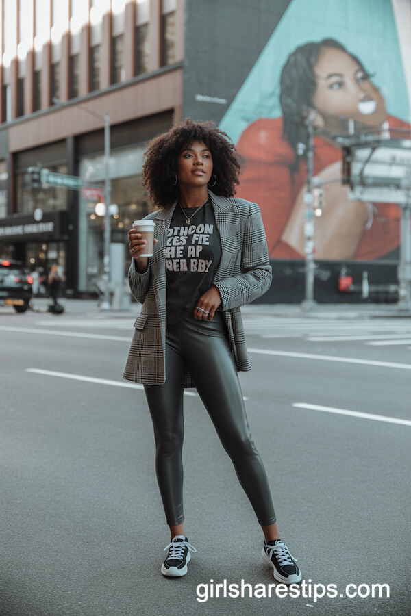 Charcoal Leggings with Graphic Tee and Blazer