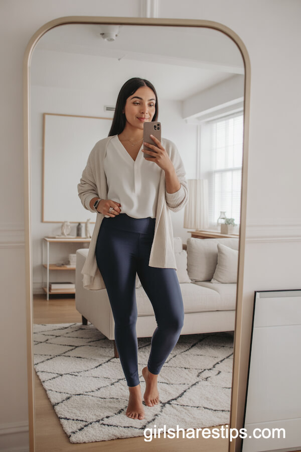 Navy Leggings with Blouse and Light Cardigan