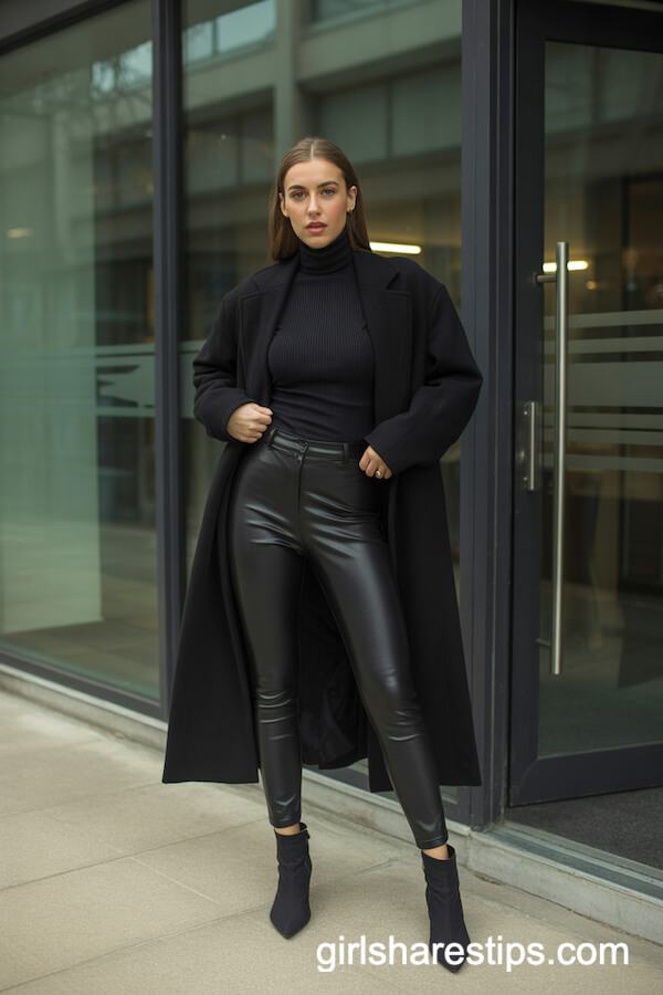 Black Leggings with Turtleneck and Wool Coat