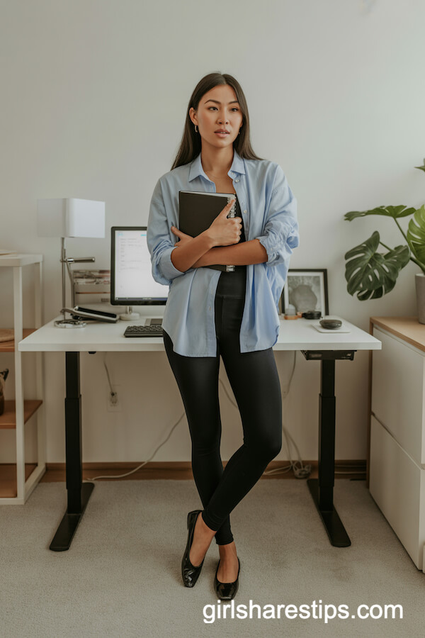 Black Leggings with Blue Shirt and Ballet Flats