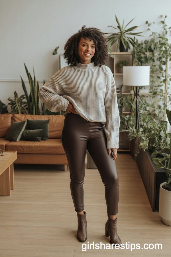 Dark Brown Leggings with Chunky Knit Sweater