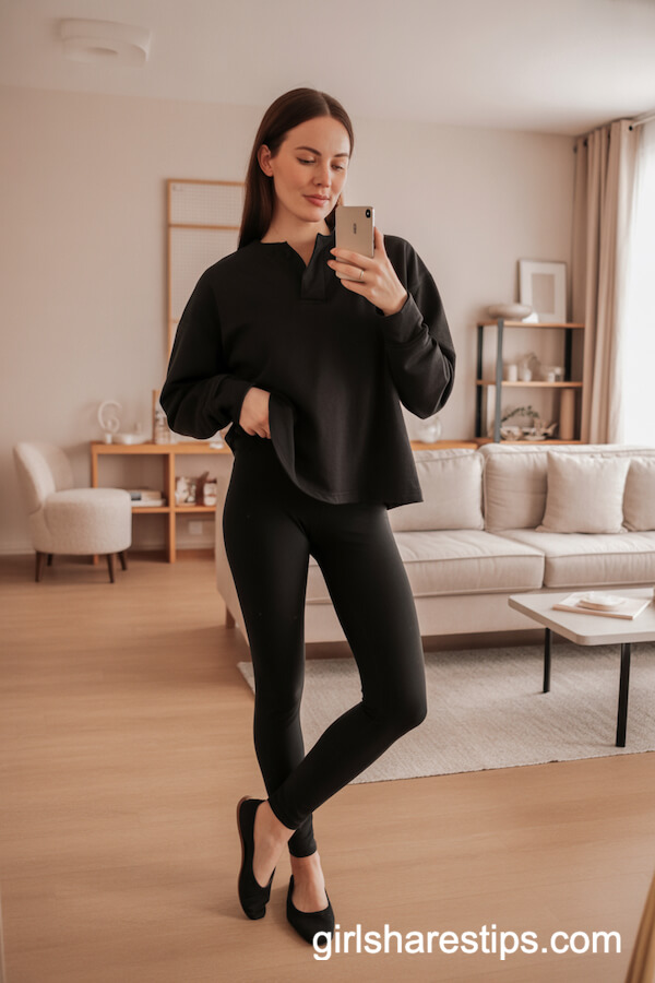 Black Leggings with Pullover and Ballet Flats
