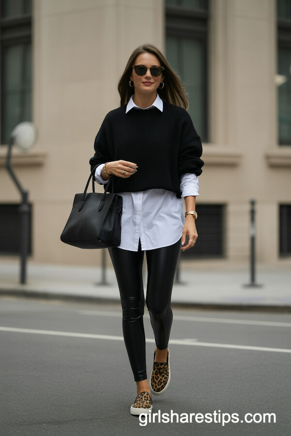 Black Leggings with White Shirt and Leopard Shoes