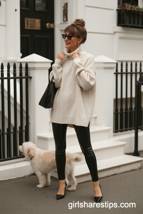Black Leggings with Oversized Turtleneck and Heels