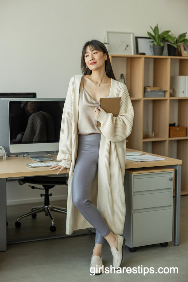 Gray Leggings with Cream Cardigan and Camisole